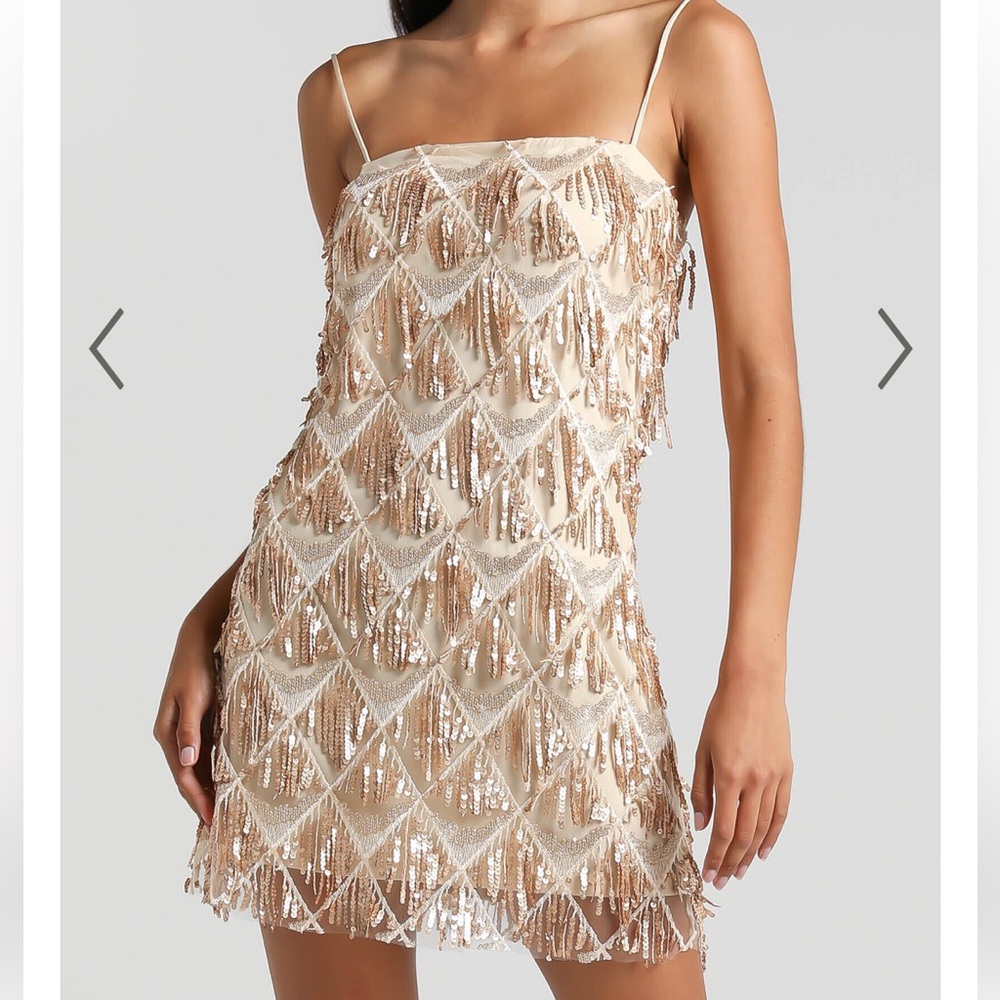 SHOOK MINI DRESS - CAMI SEQUIN FRINGE DRESS IN CHAMPAGNE SEQUIN